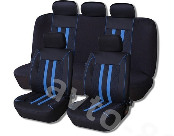 Чехлы COVER автомобильные универсальные чёрные, синяя полоса 1790