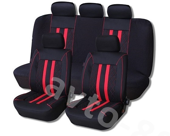 Чехлы COVER автомобильные универсальные чёрные, красная полоса 1790