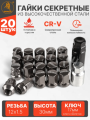 Секретки гайки RAYC 12*1,5 F450 (20 шт, высота 30 мм) тёмно-серый фото 1